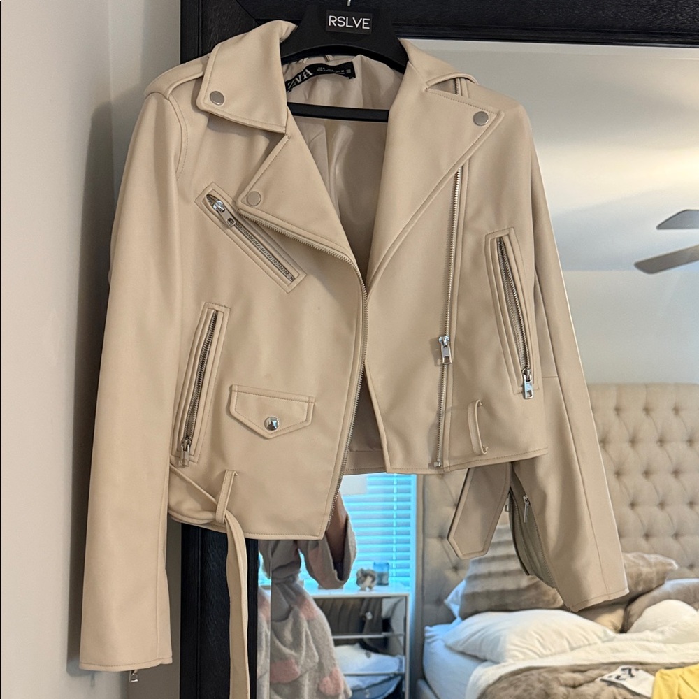 Zara Cream Leather Moto Jacket Asymmetrical Design